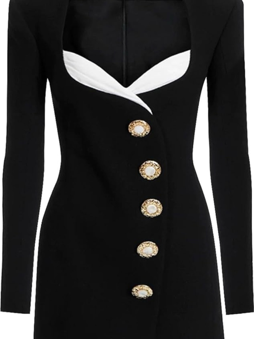 Black Long Sleeve Dress with White Contrast and Gold Accent Buttons